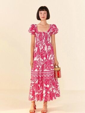 NWOT Farm Rio Pink Tropical Woodcut Maxi Dress